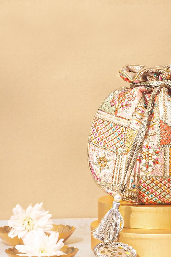Multi-Colored Poly Silk Embroidered Potli by AMYRA at Pernia's Pop Up Shop