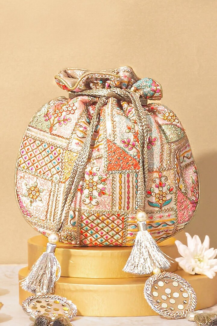 Multi-Colored Poly Silk Embroidered Potli by AMYRA at Pernia's Pop Up Shop