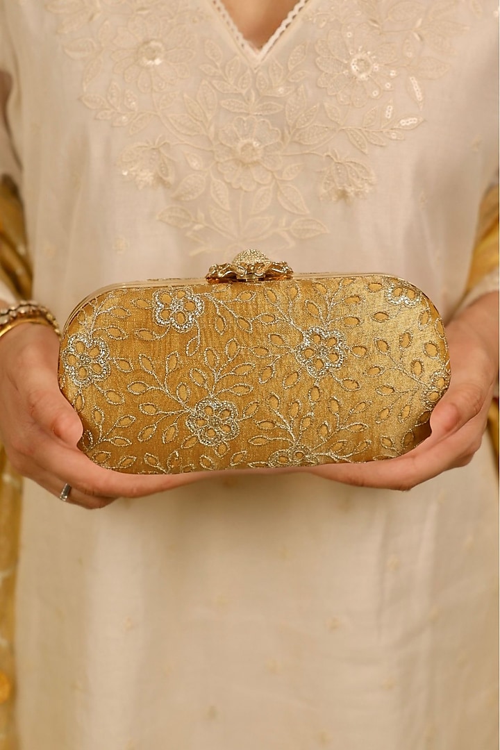 Mustard Tissue Cutwork & Zari Thread Embroidered Clutch by AMYRA at Pernia's Pop Up Shop
