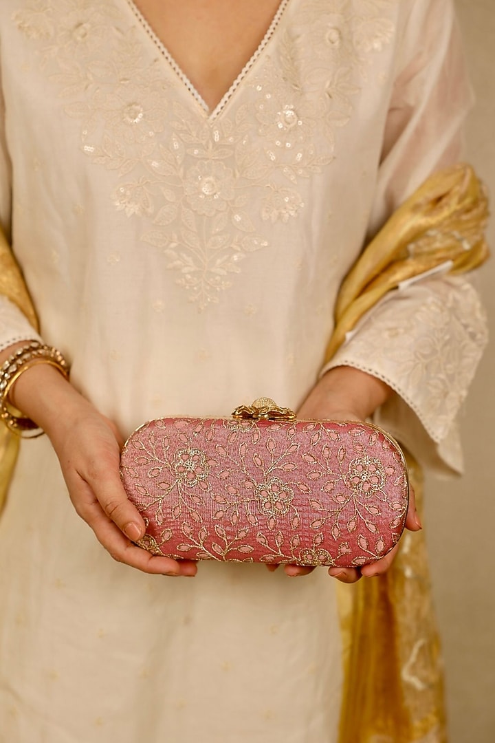 Pink Tissue Cutwork & Zari Thread Embroidered Clutch by AMYRA at Pernia's Pop Up Shop