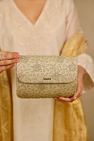 Light Gold Tissue Cutwork & Zari Thread Embroidered Flapover Bag by AMYRA