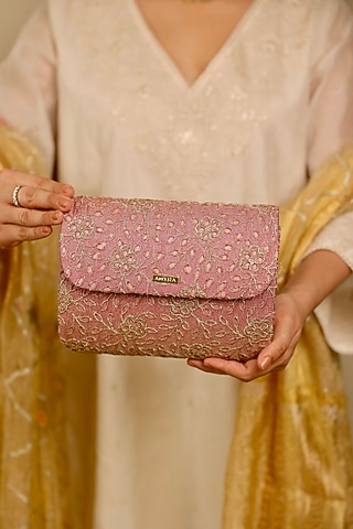 Pink Tissue Cutwork & Zari Thread Embroidered Flapover Bag by AMYRA
