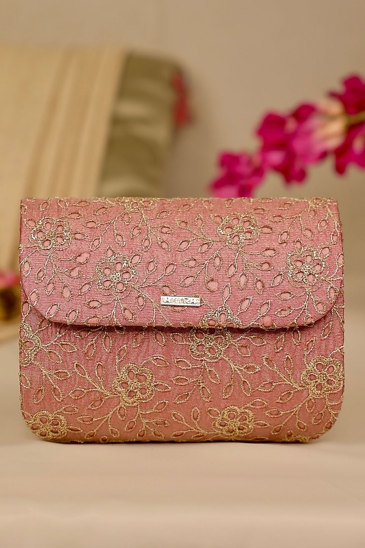 Pink Tissue Cutwork & Zari Thread Embroidered Flapover Bag by AMYRA at Pernia's Pop Up Shop