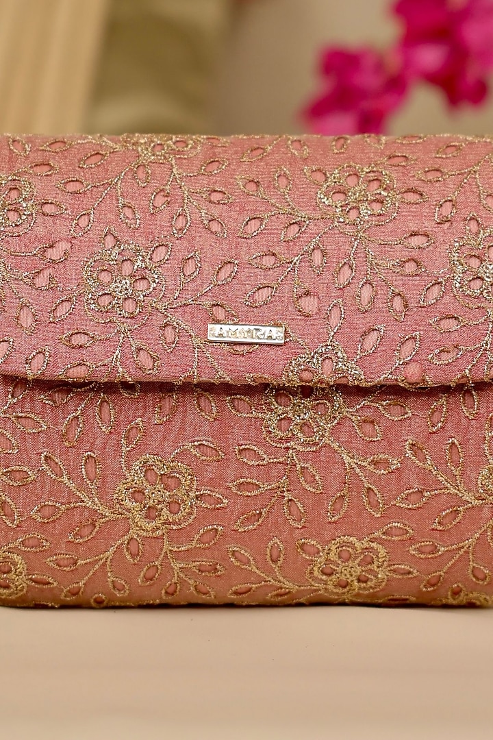 Pink Tissue Cutwork & Zari Thread Embroidered Flapover Bag by AMYRA at Pernia's Pop Up Shop