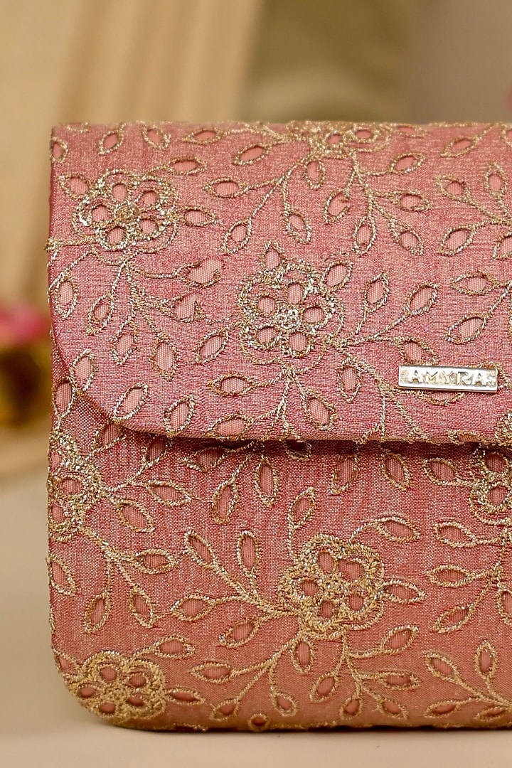Pink Tissue Cutwork & Zari Thread Embroidered Flapover Bag by AMYRA at Pernia's Pop Up Shop