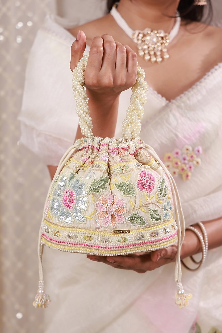 Multi-Colored Poly Silk Floral Embellished Handcrafted Potli Bag by AMYRA at Pernia's Pop Up Shop