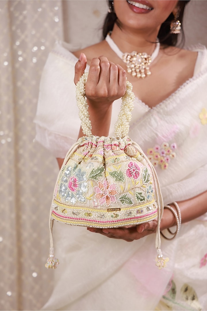 Multi-Colored Poly Silk Floral Embellished Handcrafted Potli Bag by AMYRA at Pernia's Pop Up Shop
