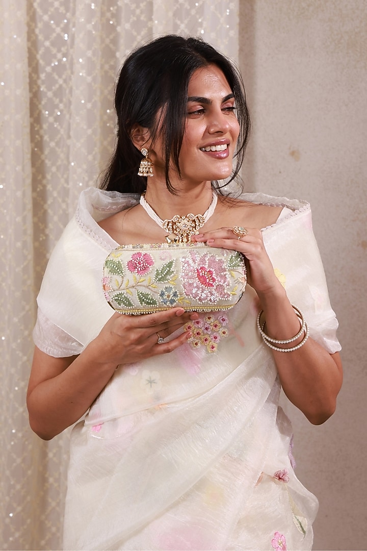Multi-Colored Poly Silk Floral Embellished Clutch by AMYRA at Pernia's Pop Up Shop