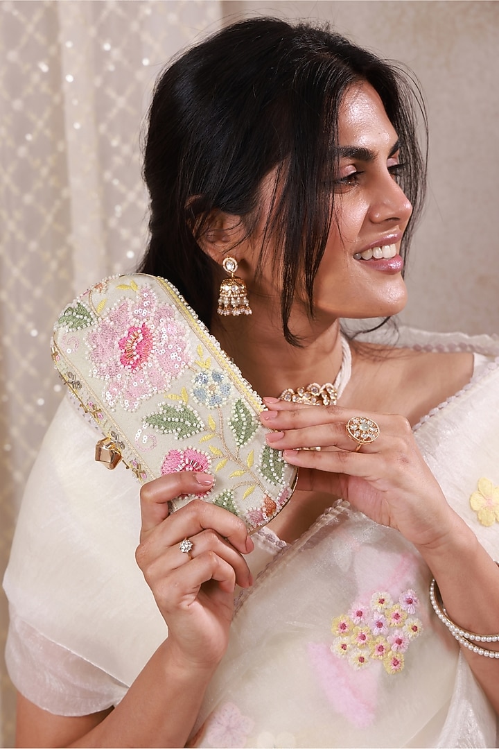 Multi-Colored Poly Silk Floral Embellished Clutch by AMYRA at Pernia's Pop Up Shop