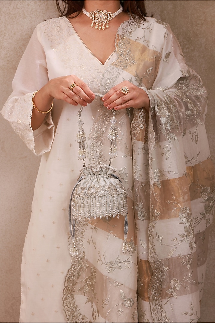 Silver Poly Silk Brocade Hand Embroidered Potli Bag by AMYRA at Pernia's Pop Up Shop