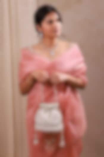 Silver Poly Silk Pearl Hand Embroidered Potli Bag by AMYRA at Pernia's Pop Up Shop