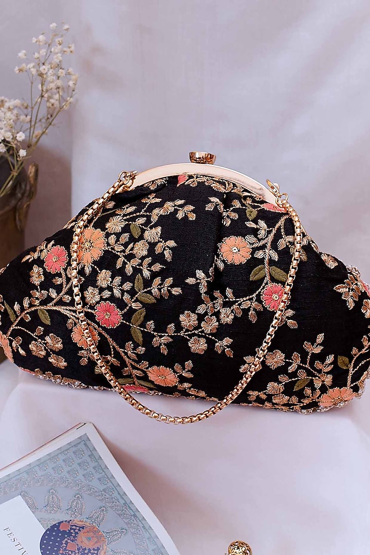 Black Poly Silk Embroidered Vintage Clutch by AMYRA