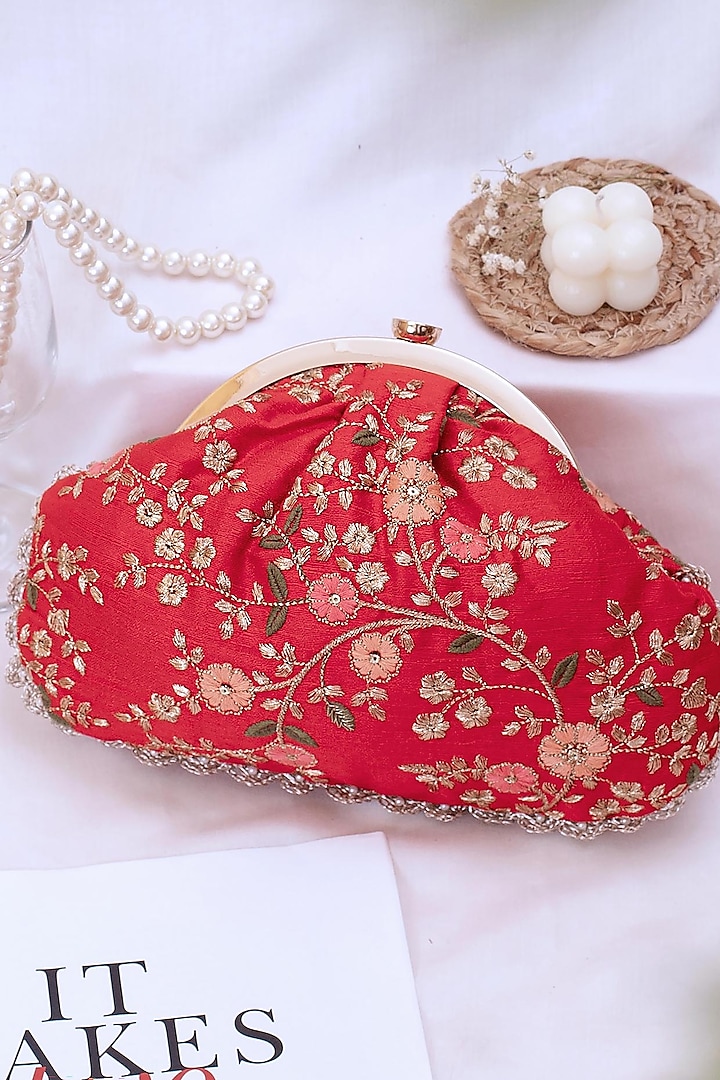 Red Poly Silk Embroidered Vintage Clutch by AMYRA at Pernia's Pop Up Shop