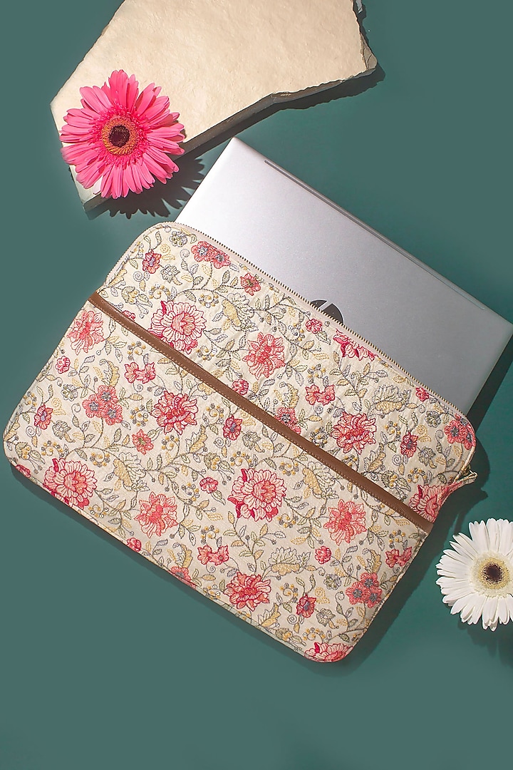 Multi-Colored Poly Silk Embroidered Laptop Sleeve by AMYRA
