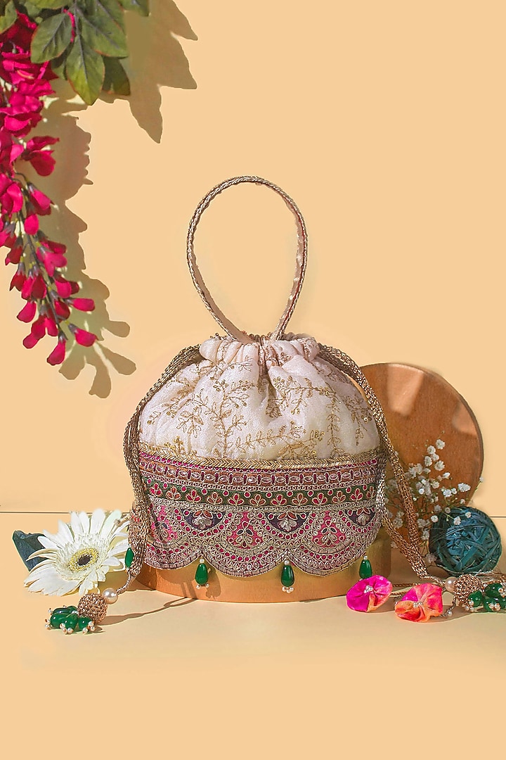 Off-White Poly Silk Embroidered Bucket Bag by AMYRA