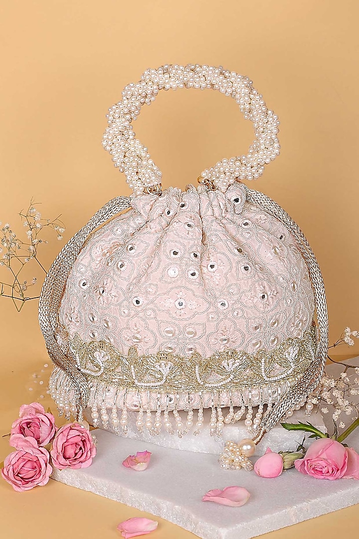 Baby Pink Poly Silk Embroidered Bucket Bag by AMYRA at Pernia's Pop Up Shop