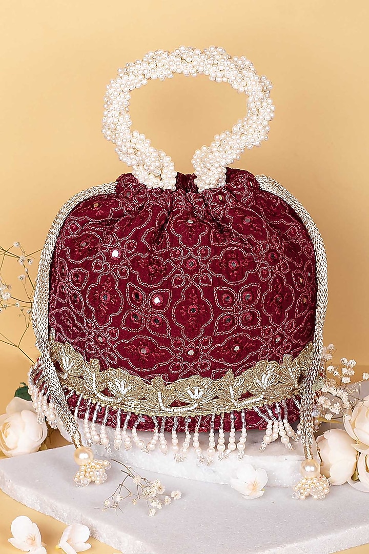 Maroon Poly Silk Embroidered Bucket Bag by AMYRA at Pernia's Pop Up Shop