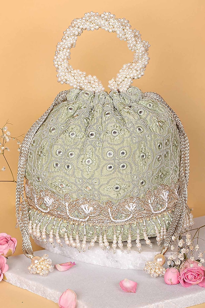 Pastel Green Poly Silk Embroidered Bucket Bag by AMYRA at Pernia's Pop Up Shop