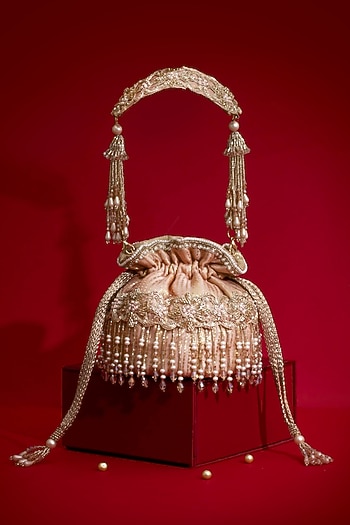 Pink Silk Organza Cutdana Hand Embroidered Mini Potli by AMYRA at Pernia's Pop Up Shop