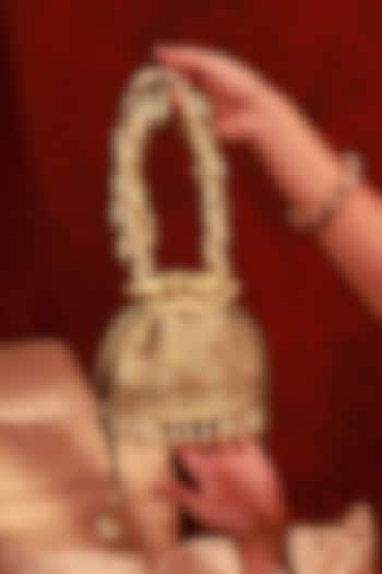 Gold Poly Silk Brocade Cutdana Lace Work Mini Potli by AMYRA at Pernia's Pop Up Shop