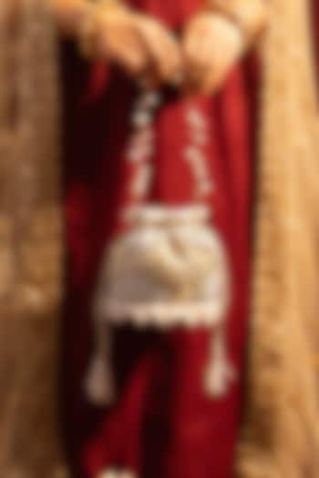 Beige Poly Silk Pearl Hand Embroidered Mini Potli by AMYRA at Pernia's Pop Up Shop