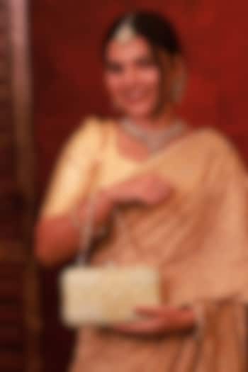Beige Poly Silk Brocade Pearl Work Clutch by AMYRA at Pernia's Pop Up Shop