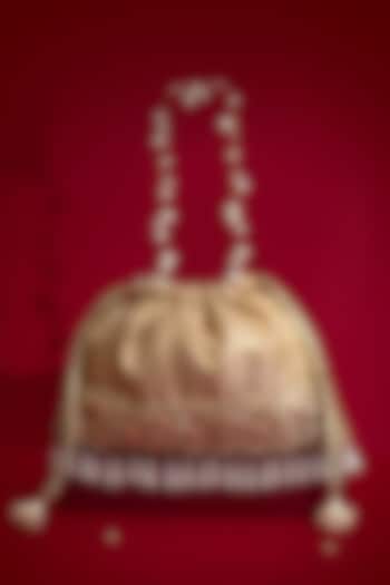 Beige Silk Organza Cutdana Lace Embroidered Potli by AMYRA at Pernia's Pop Up Shop