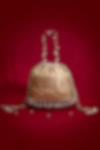 Beige Silk Organza Floral Lace Embroidered Bucket Bag by AMYRA at Pernia's Pop Up Shop