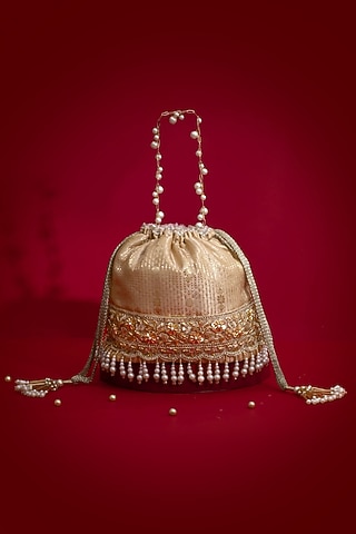 Beige Silk Organza Floral Lace Embroidered Bucket Bag by AMYRA