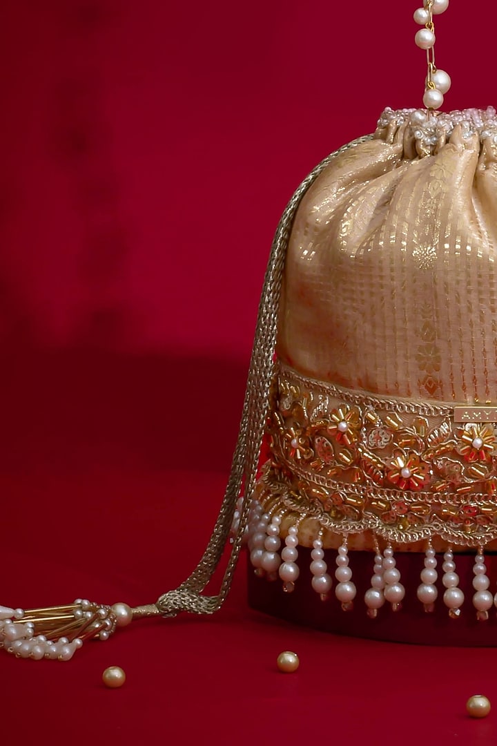 Beige Silk Organza Floral Lace Embroidered Bucket Bag by AMYRA at Pernia's Pop Up Shop