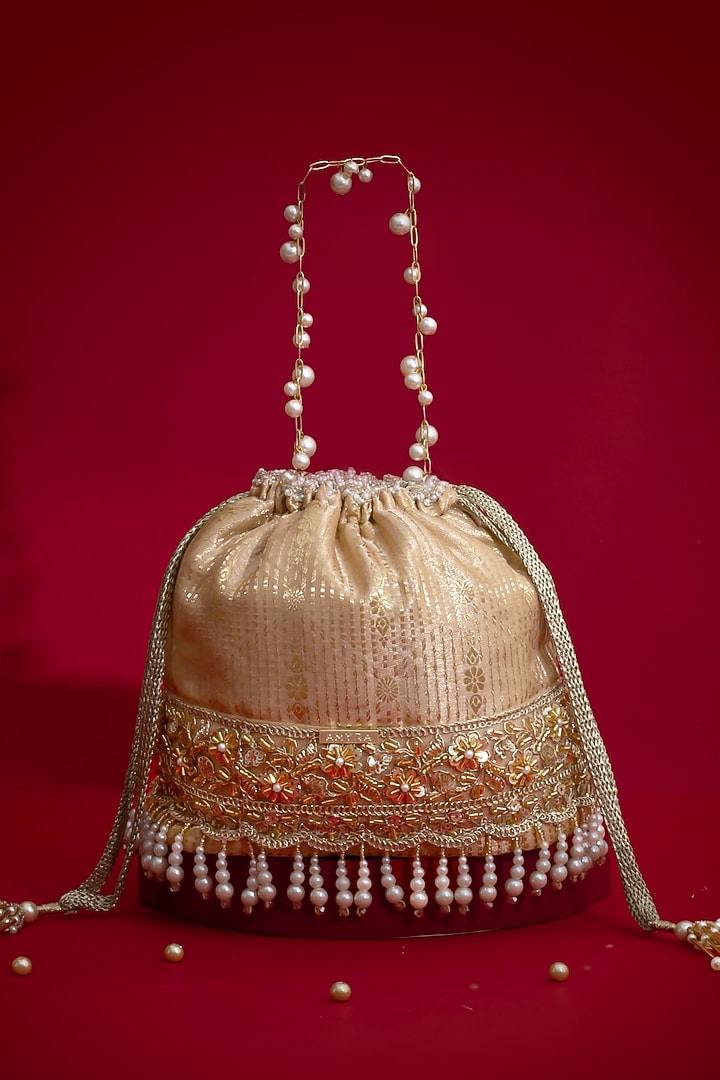 Beige Silk Organza Floral Lace Embroidered Bucket Bag by AMYRA at Pernia's Pop Up Shop