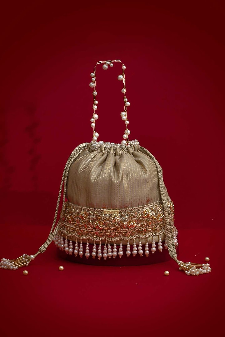 Grey Silk Organza Floral Lace Embroidered Bucket Bag by AMYRA at Pernia's Pop Up Shop