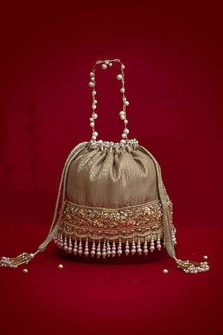 Grey Silk Organza Floral Lace Embroidered Bucket Bag by AMYRA