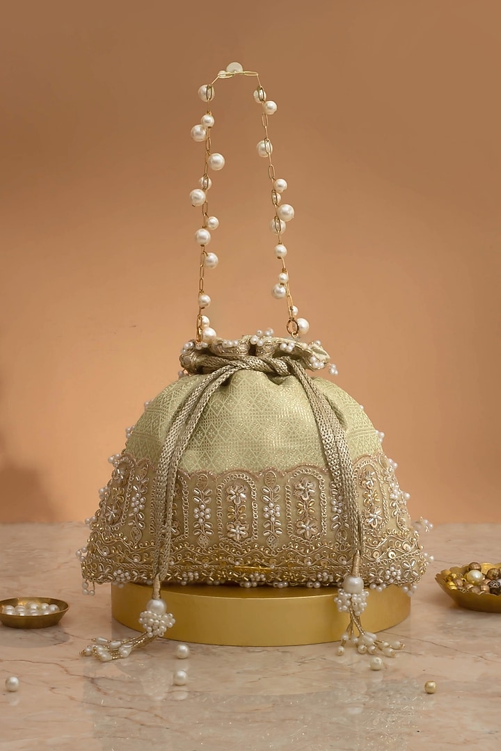 Mint Poly Silk Brocade Cutdana Law Embellished Potli by AMYRA at Pernia's Pop Up Shop