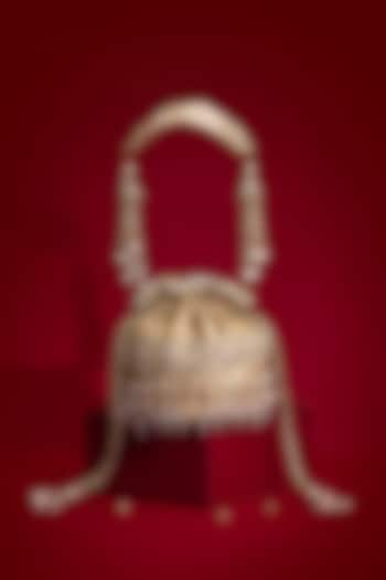 Beige Silk Organza Cutdana Hand Embroidered Mini Potli by AMYRA at Pernia's Pop Up Shop