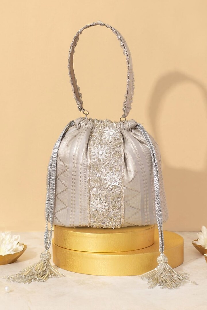 Silver Organza Embellished Bucket Bag by AMYRA at Pernia's Pop Up Shop