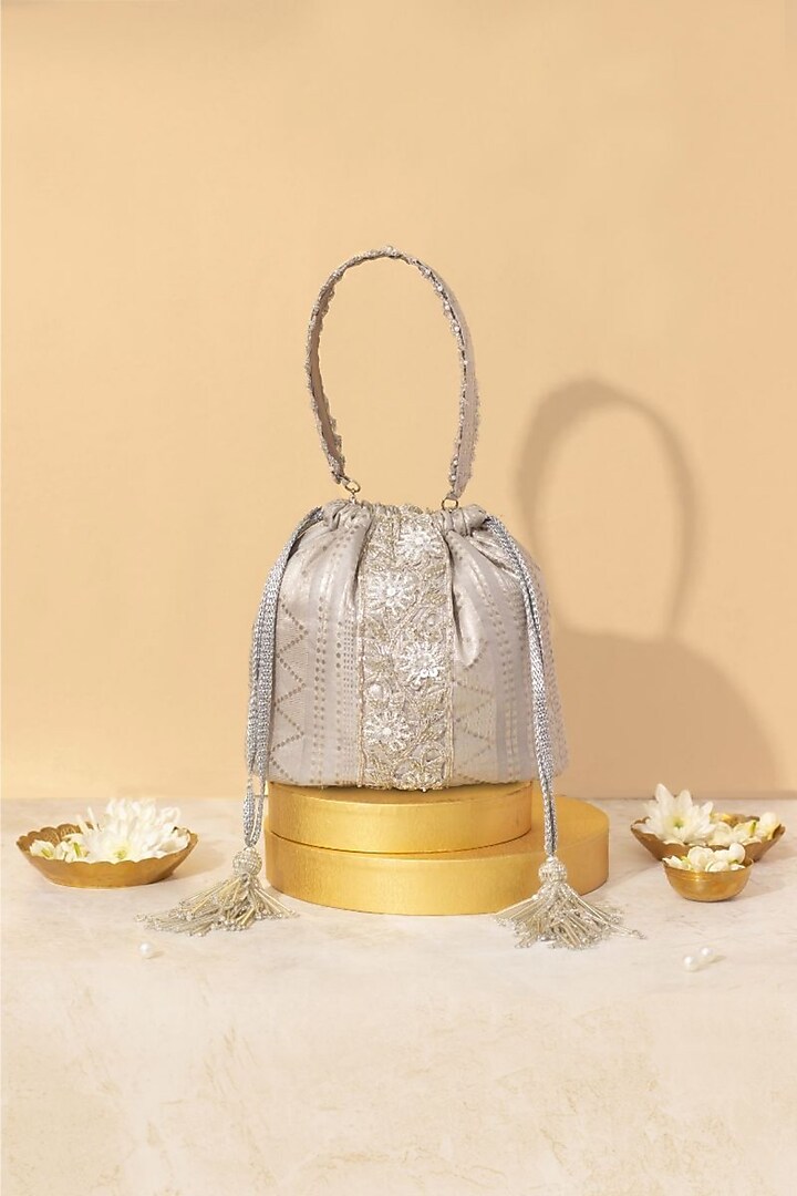 Silver Organza Embellished Bucket Bag by AMYRA at Pernia's Pop Up Shop