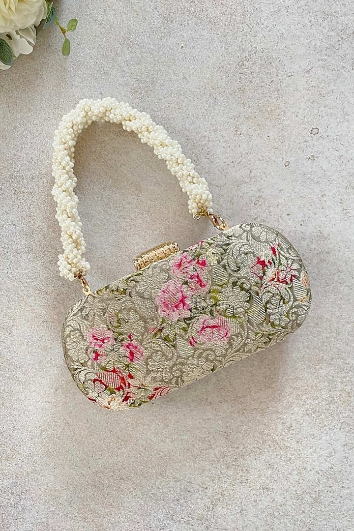 Grey Organza Brocade Floral Printed Clutch Bag by AMYRA at Pernia's Pop Up Shop