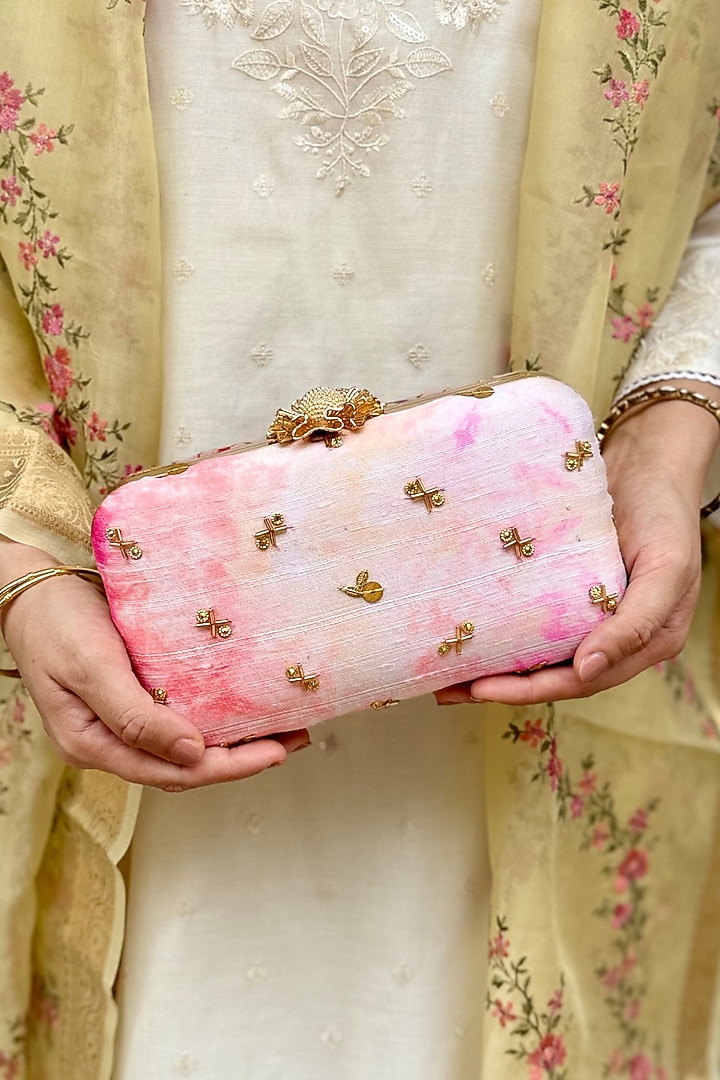 Pink Ombre Silk Shibori Work & Embroidered Clutch by AMYRA at Pernia's Pop Up Shop