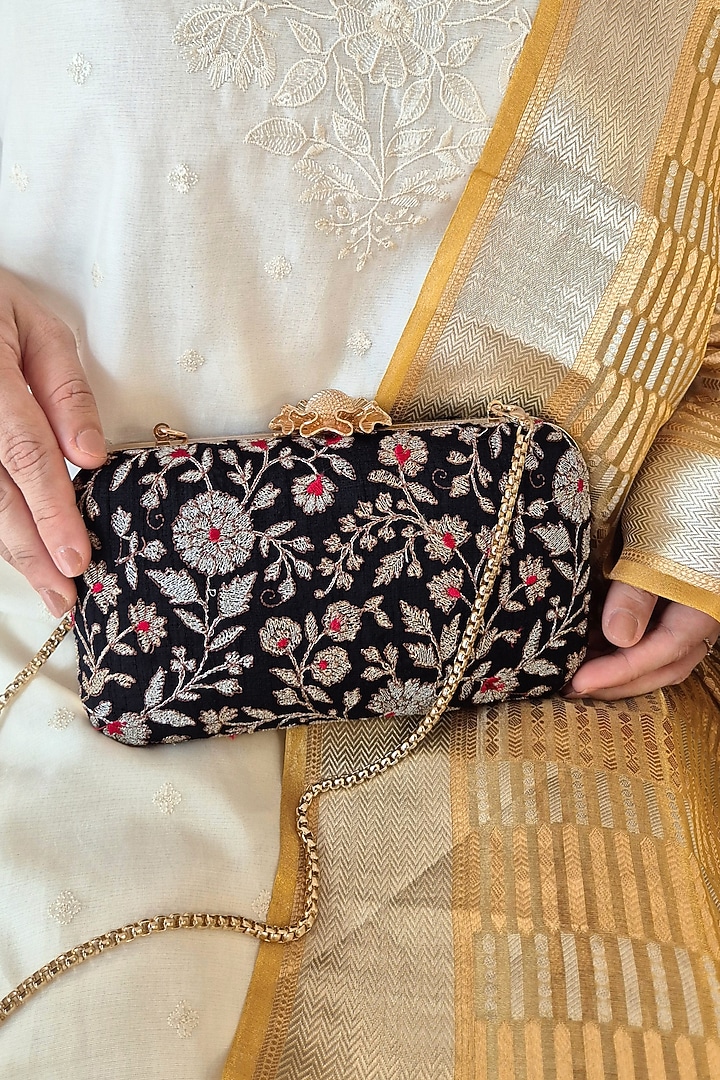 Black Silk Floral Embroidered Clutch by AMYRA at Pernia's Pop Up Shop