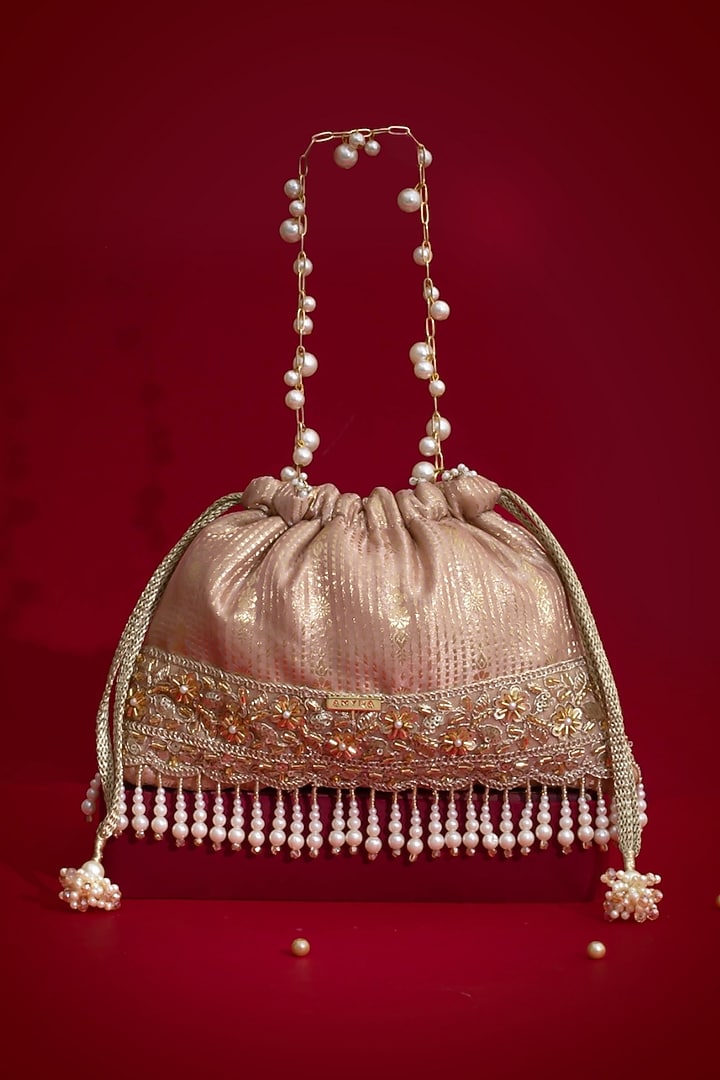 Pink Silk Organza Cutdana Lace Work Potli by AMYRA at Pernia's Pop Up Shop