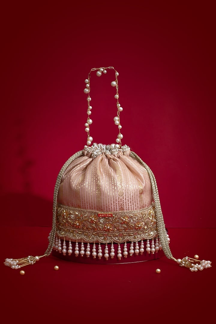 Pink Silk Organza Cutdana Lace Work Bucket Bag by AMYRA at Pernia's Pop Up Shop