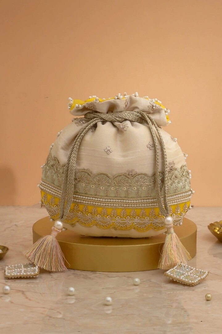 Mint & Yellow Poly Silk Lace Embroidered Potli by AMYRA at Pernia's Pop Up Shop