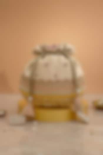 Pink & Yellow Poly Silk Lace Embroidered Potli by AMYRA at Pernia's Pop Up Shop