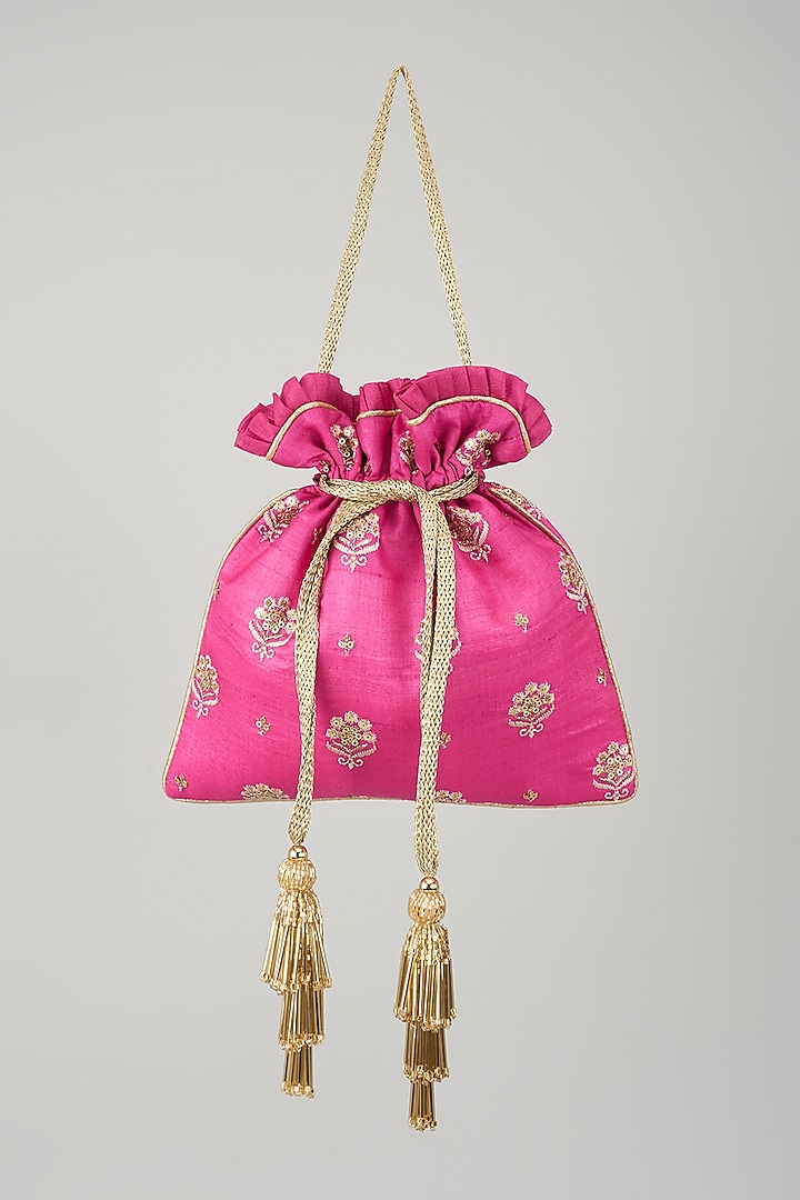 Pink Tussar Silk Embellished Potli by AMYRA at Pernia's Pop Up Shop