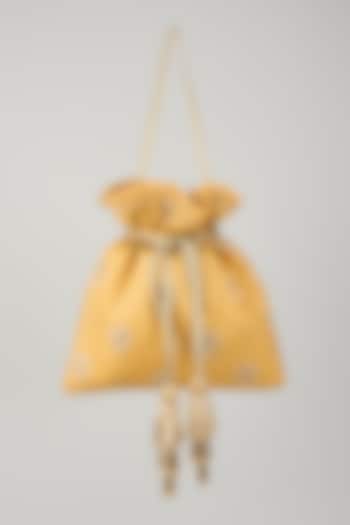 Yellow Tussar Silk Embellished Potli by AMYRA at Pernia's Pop Up Shop