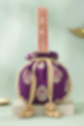 Violet Handwoven Raw Silk Sequins Embellished Potli by AMYRA at Pernia's Pop Up Shop