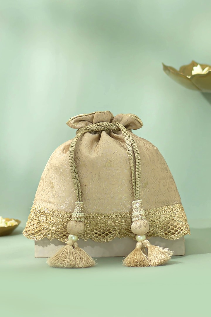 Beige Katan Silk Woven Potli by AMYRA at Pernia's Pop Up Shop