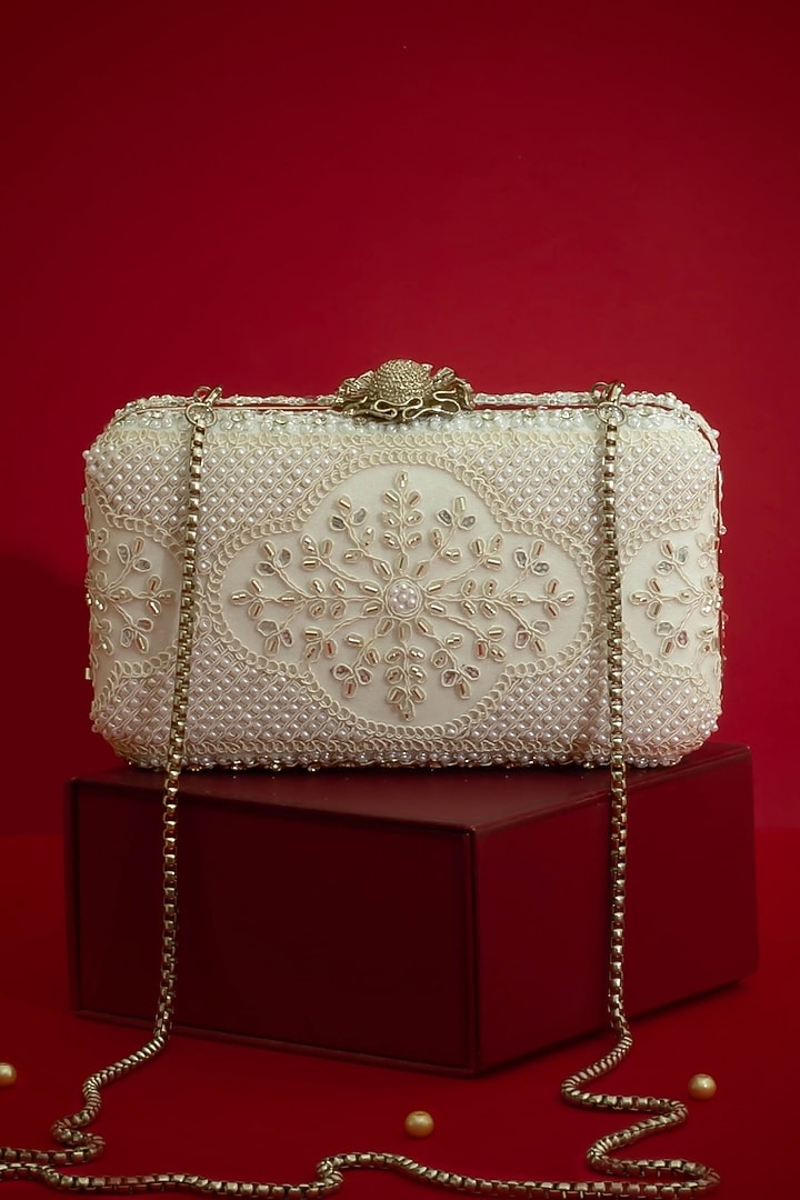 Silver Pure Silk Pearl Work Clutch by AMYRA at Pernia's Pop Up Shop