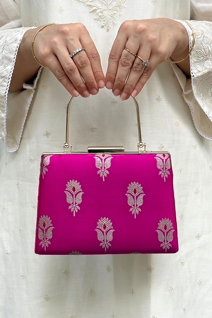 Pink Pure Silk Meenakari Work Clutch by AMYRA at Pernia's Pop Up Shop